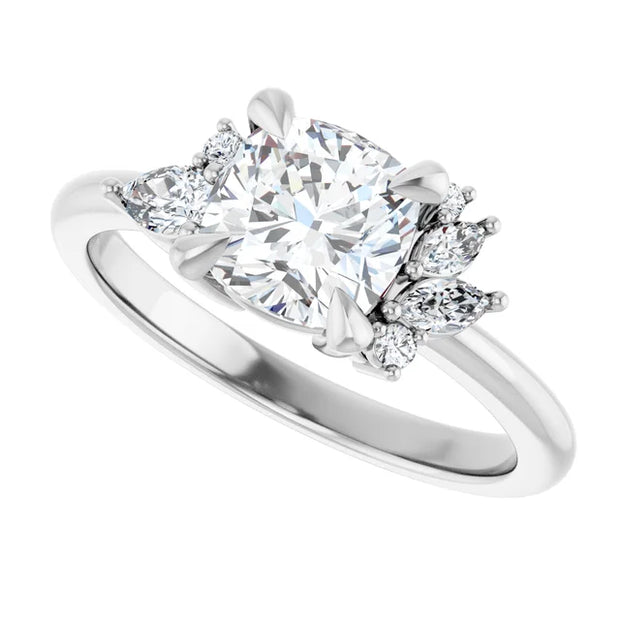 14K White Gold 3/4 CTW Cushion-Cut Diamond Ring with Floral-Inspired Side Stone