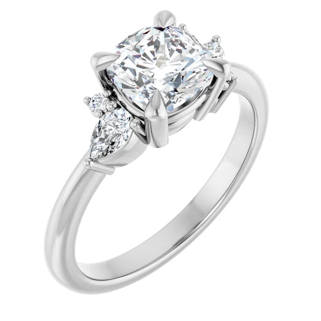 14K White Gold 3/4 CTW Cushion-Cut Diamond Ring with Floral-Inspired Side Stone