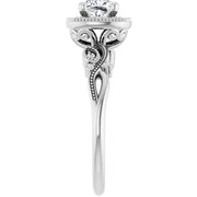 14K White Gold 3/4 CTW Cushion Diamond Halo Engagement Ring with Vintage Leaf Accents