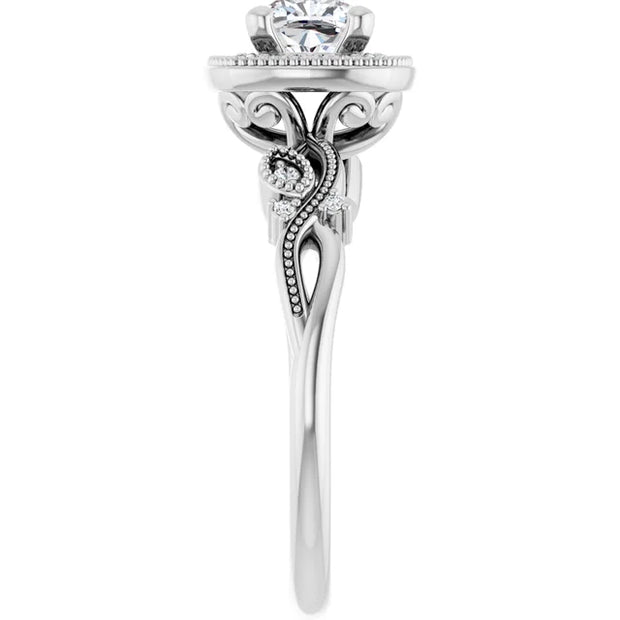 14K White Gold 3/4 CTW Cushion Diamond Halo Engagement Ring with Vintage Leaf Accents