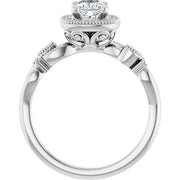 14K White Gold 3/4 CTW Cushion Diamond Halo Engagement Ring with Vintage Leaf Accents