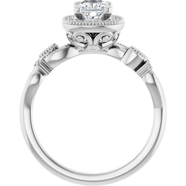 14K White Gold 3/4 CTW Cushion Diamond Halo Engagement Ring with Vintage Leaf Accents