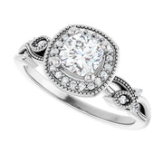 14K White Gold 3/4 CTW Cushion Diamond Halo Engagement Ring with Vintage Leaf Accents