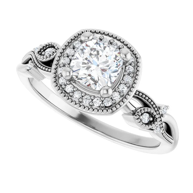 14K White Gold 3/4 CTW Cushion Diamond Halo Engagement Ring with Vintage Leaf Accents