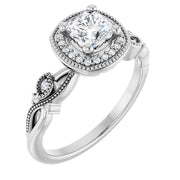 14K White Gold 3/4 CTW Cushion Diamond Halo Engagement Ring with Vintage Leaf Accents