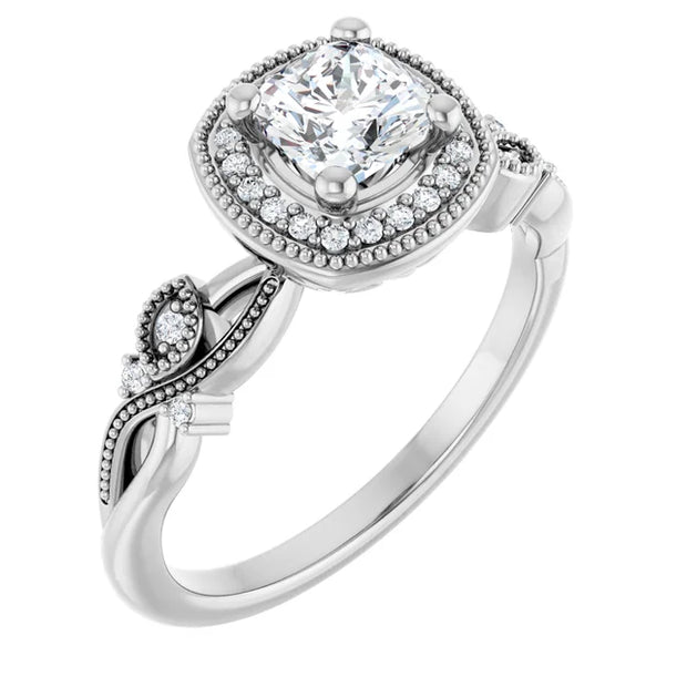 14K White Gold 3/4 CTW Cushion Diamond Halo Engagement Ring with Vintage Leaf Accents