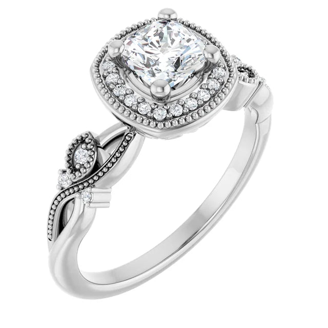 14K White Gold 3/4 CTW Cushion Diamond Halo Engagement Ring with Vintage Leaf Accents