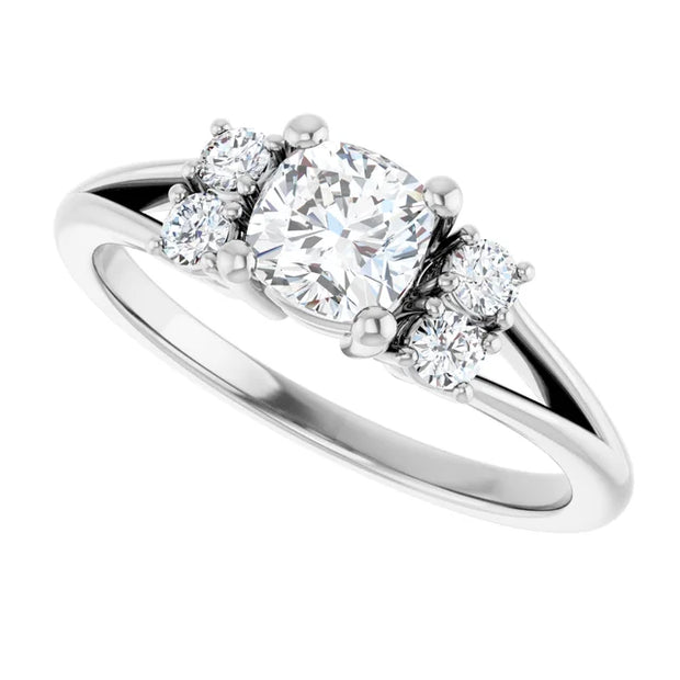 14K White Gold 3/4 CTW Cushion Diamond Three-Stone Engagement Ring with Round Accents