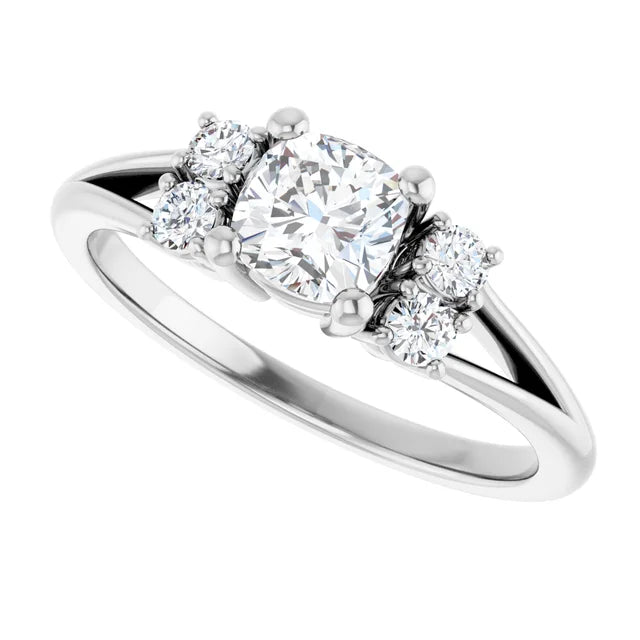 14K White Gold 3/4 CTW Cushion Diamond Three-Stone Engagement Ring with Round Accents