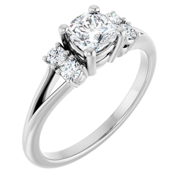 14K White Gold 3/4 CTW Cushion Diamond Three-Stone Engagement Ring with Round Accents