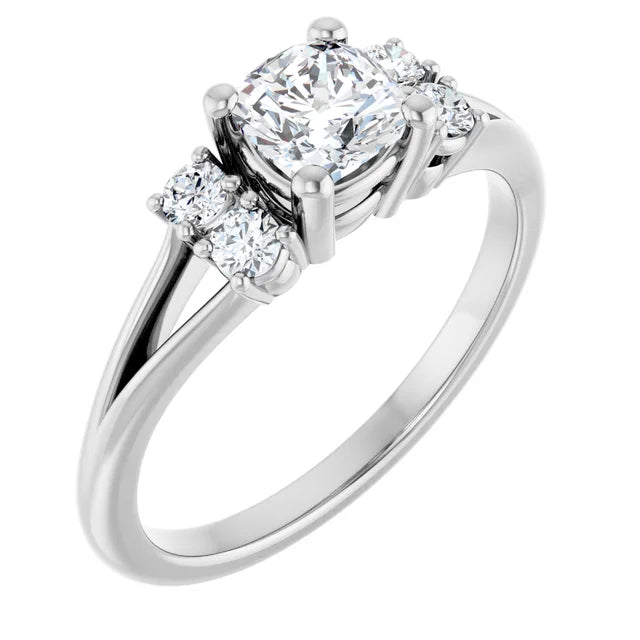 14K White Gold 3/4 CTW Cushion Diamond Three-Stone Engagement Ring with Round Accents