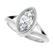 14K White Gold 3/4 CTW Marquise Bezel Diamond Ring with Split Pavé Band