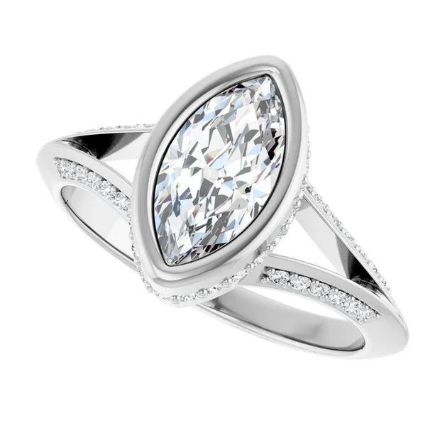 14K White Gold 3/4 CTW Marquise Bezel Diamond Ring with Split Pavé Band