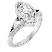 14K White Gold 3/4 CTW Marquise Bezel Diamond Ring with Split Pavé Band