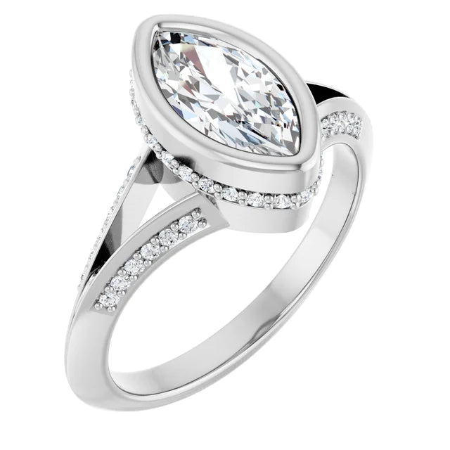 14K White Gold 3/4 CTW Marquise Bezel Diamond Ring with Split Pavé Band