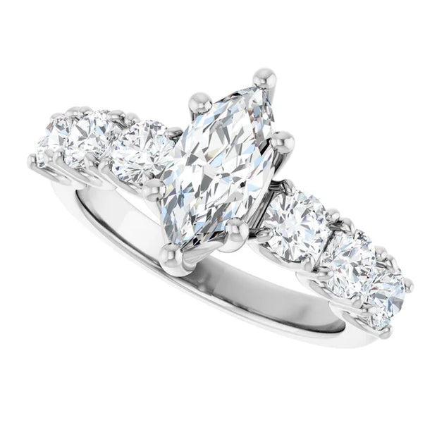 14K White Gold 3/4 CTW Marquise Diamond Ring with Graduated Round Accents