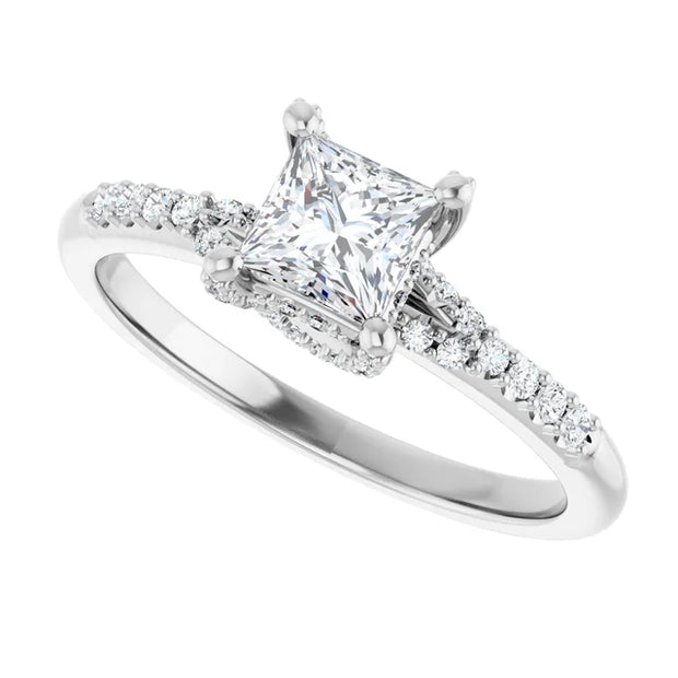 14K White Gold 3/4 CTW Princess Diamond Engagement Ring with Pavé Band