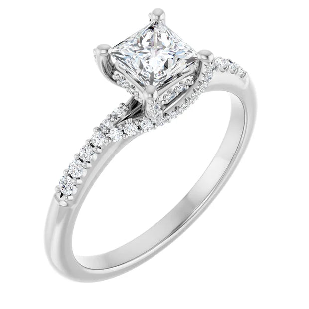 14K White Gold 3/4 CTW Princess Diamond Engagement Ring with Pavé Band