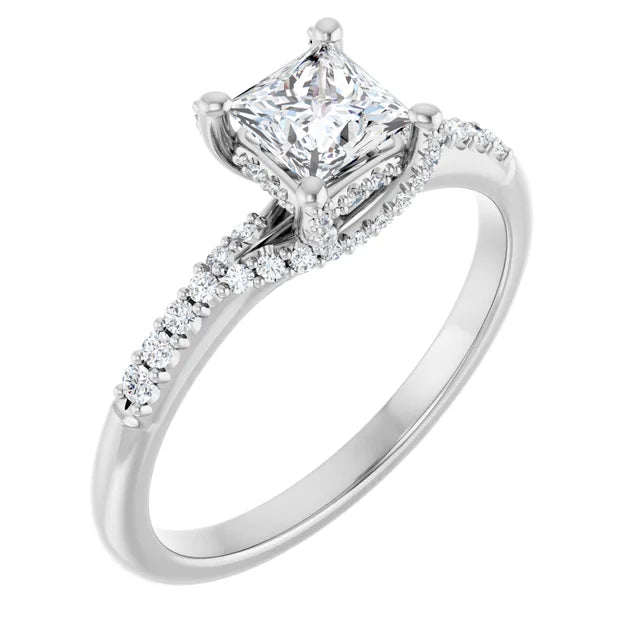 14K White Gold 3/4 CTW Princess Diamond Engagement Ring with Pavé Band