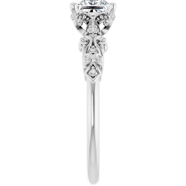 14K White Gold 3/4 CTW Princess Diamond Engagement Ring with Vintage-Inspired Filigree Band