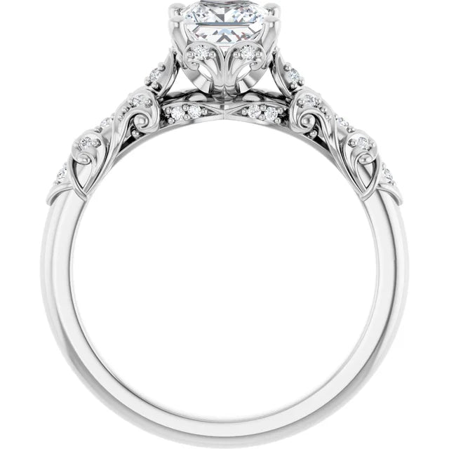 14K White Gold 3/4 CTW Princess Diamond Engagement Ring with Vintage-Inspired Filigree Band