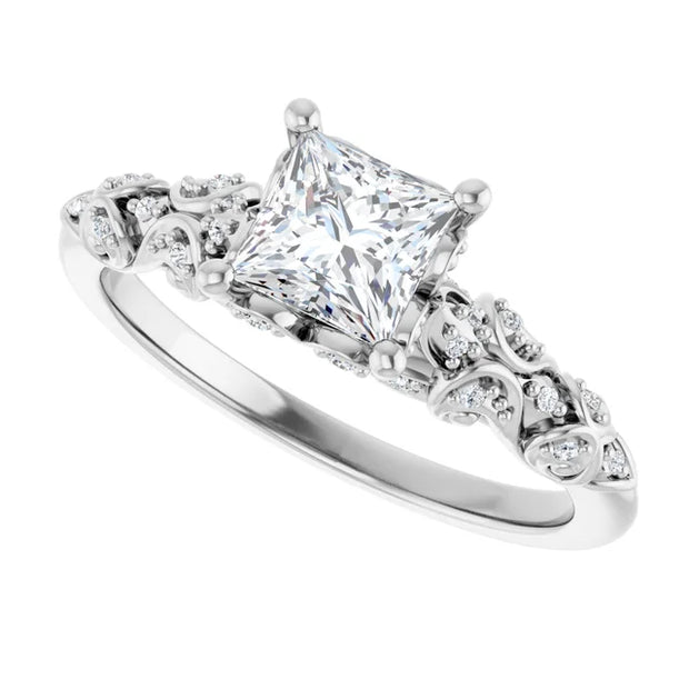14K White Gold 3/4 CTW Princess Diamond Engagement Ring with Vintage-Inspired Filigree Band