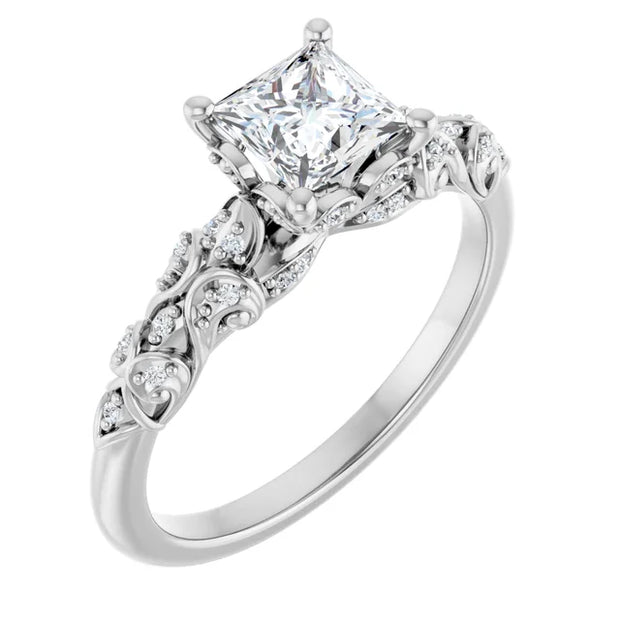 14K White Gold 3/4 CTW Princess Diamond Engagement Ring with Vintage-Inspired Filigree Band
