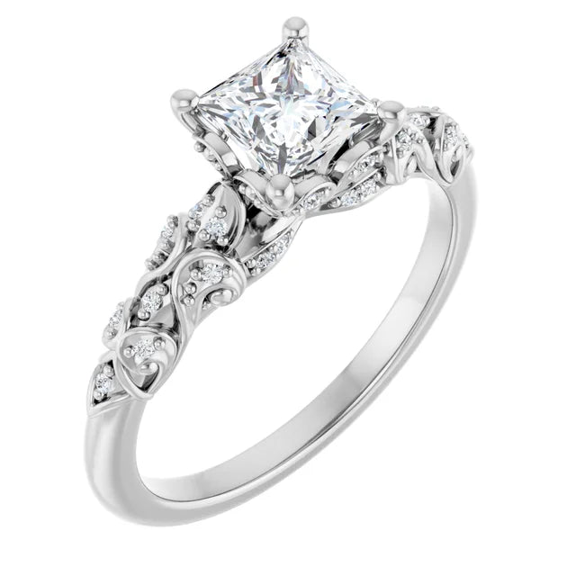 14K White Gold 3/4 CTW Princess Diamond Engagement Ring with Vintage-Inspired Filigree Band