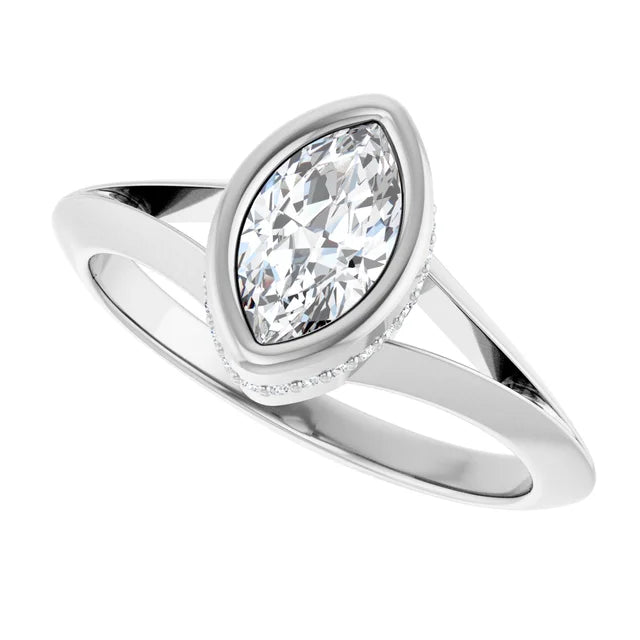 14K White Gold 5/8 CTW Bezel-Set Marquise Diamond Ring with Hidden Pavé Detail