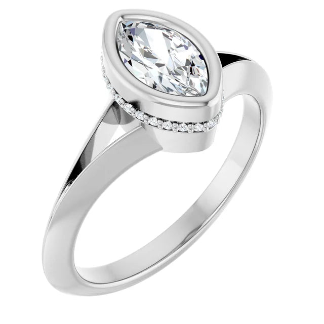 14K White Gold 5/8 CTW Bezel-Set Marquise Diamond Ring with Hidden Pavé Detail