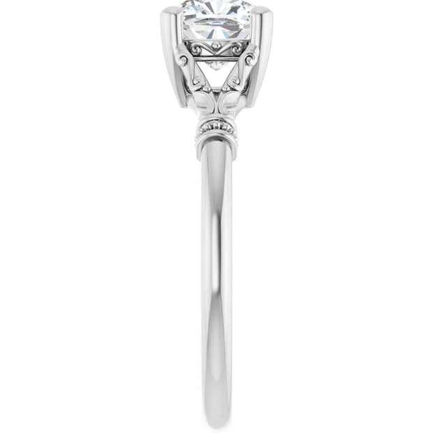 14K White Gold 5/8 CTW Cushion-Cut Diamond Ring with Vintage-Inspired Scrollwork