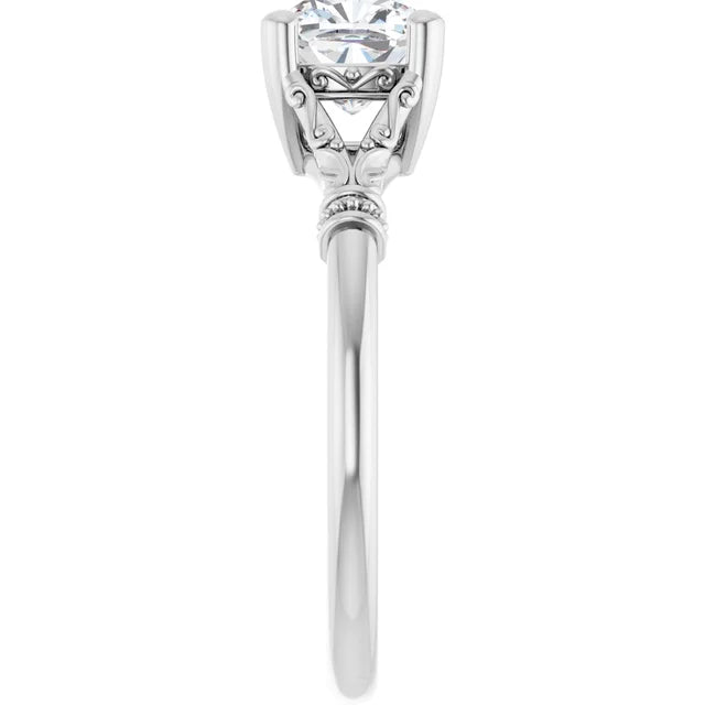 14K White Gold 5/8 CTW Cushion-Cut Diamond Ring with Vintage-Inspired Scrollwork