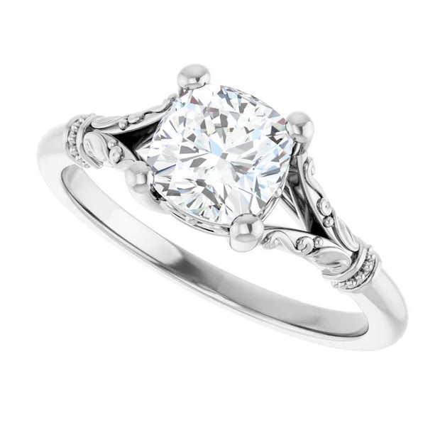 14K White Gold 5/8 CTW Cushion-Cut Diamond Ring with Vintage-Inspired Scrollwork