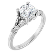 14K White Gold 5/8 CTW Cushion-Cut Diamond Ring with Vintage-Inspired Scrollwork