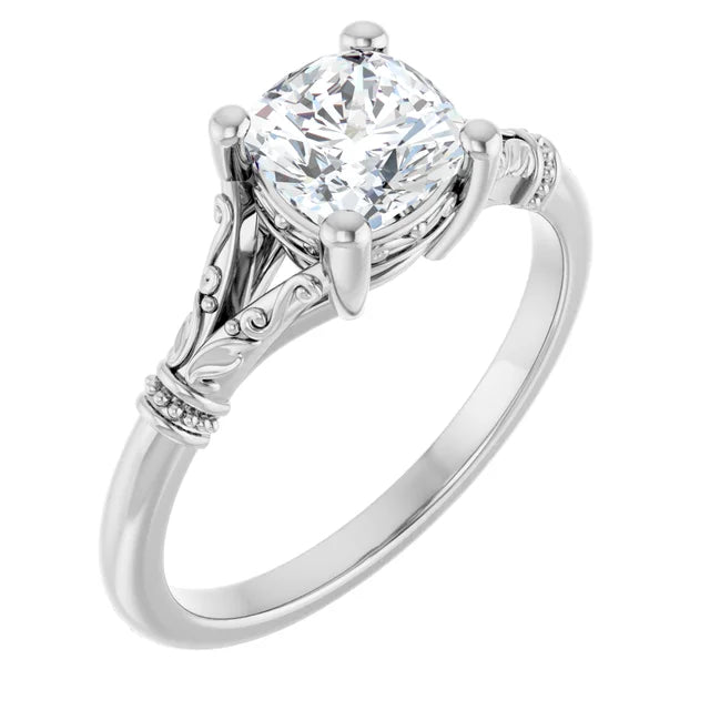 14K White Gold 5/8 CTW Cushion-Cut Diamond Ring with Vintage-Inspired Scrollwork