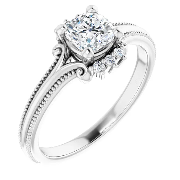 14K White Gold 5/8 CTW Cushion Diamond Engagement Ring with Milgrain and Accent Details