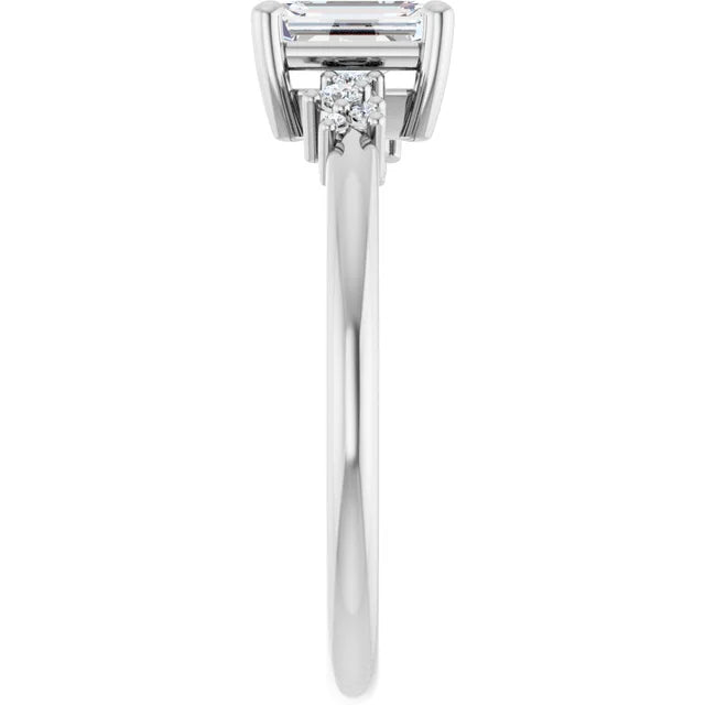 14K White Gold 5/8 CTW Emerald Cut Engagement Ring with Diamond Starburst Accents
