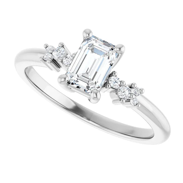 14K White Gold 5/8 CTW Emerald Cut Engagement Ring with Diamond Starburst Accents