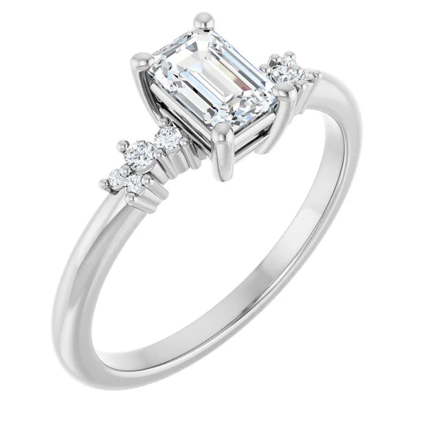 14K White Gold 5/8 CTW Emerald Cut Engagement Ring with Diamond Starburst Accents