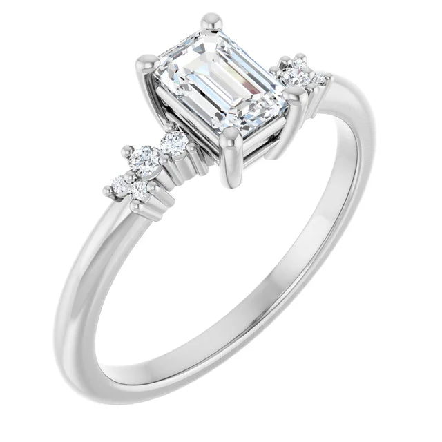 14K White Gold 5/8 CTW Emerald Cut Engagement Ring with Diamond Starburst Accents