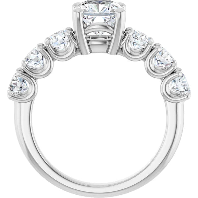 14K White Gold 6 7/8 CTW Cushion-Cut Diamond Ring with Graduated Side Stones