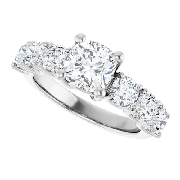 14K White Gold 6 7/8 CTW Cushion-Cut Diamond Ring with Graduated Side Stones