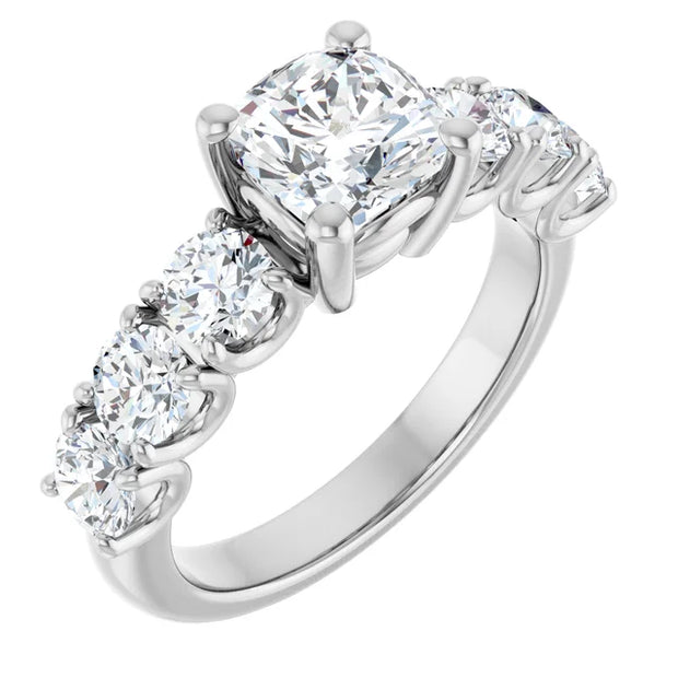 14K White Gold 6 7/8 CTW Cushion-Cut Diamond Ring with Graduated Side Stones