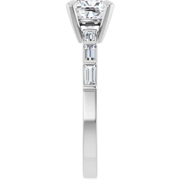 14K White Gold 7/8 CTW Cushion-Cut Diamond Ring with Baguette Accent Band