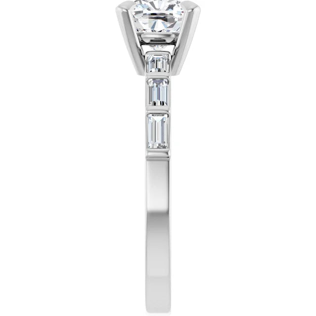 14K White Gold 7/8 CTW Cushion-Cut Diamond Ring with Baguette Accent Band