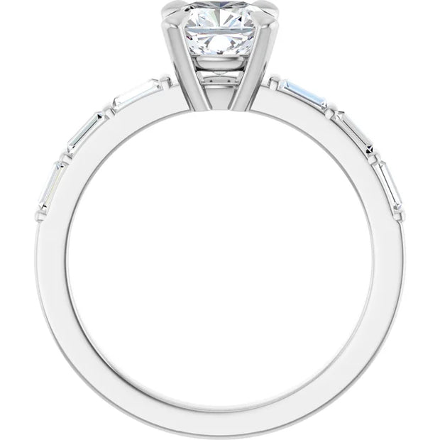 14K White Gold 7/8 CTW Cushion-Cut Diamond Ring with Baguette Accent Band