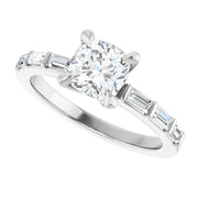 14K White Gold 7/8 CTW Cushion-Cut Diamond Ring with Baguette Accent Band