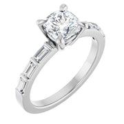14K White Gold 7/8 CTW Cushion-Cut Diamond Ring with Baguette Accent Band