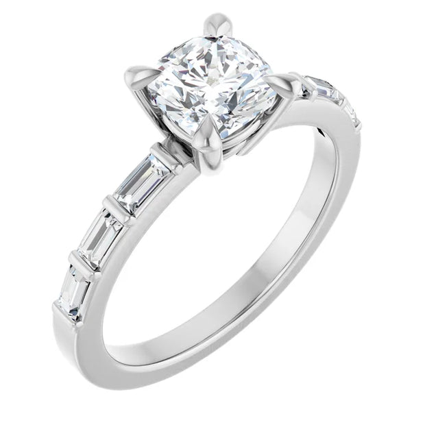 14K White Gold 7/8 CTW Cushion-Cut Diamond Ring with Baguette Accent Band