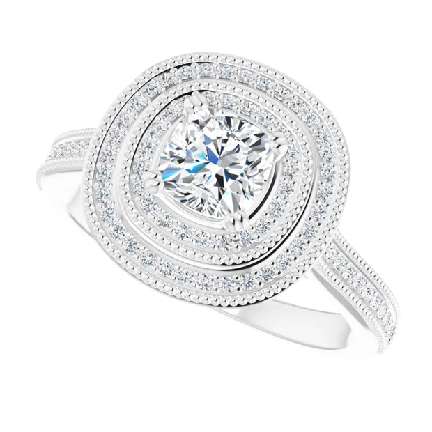 14K White Gold 7/8 CTW Cushion Diamond Double Halo Engagement Ring with Split Shank